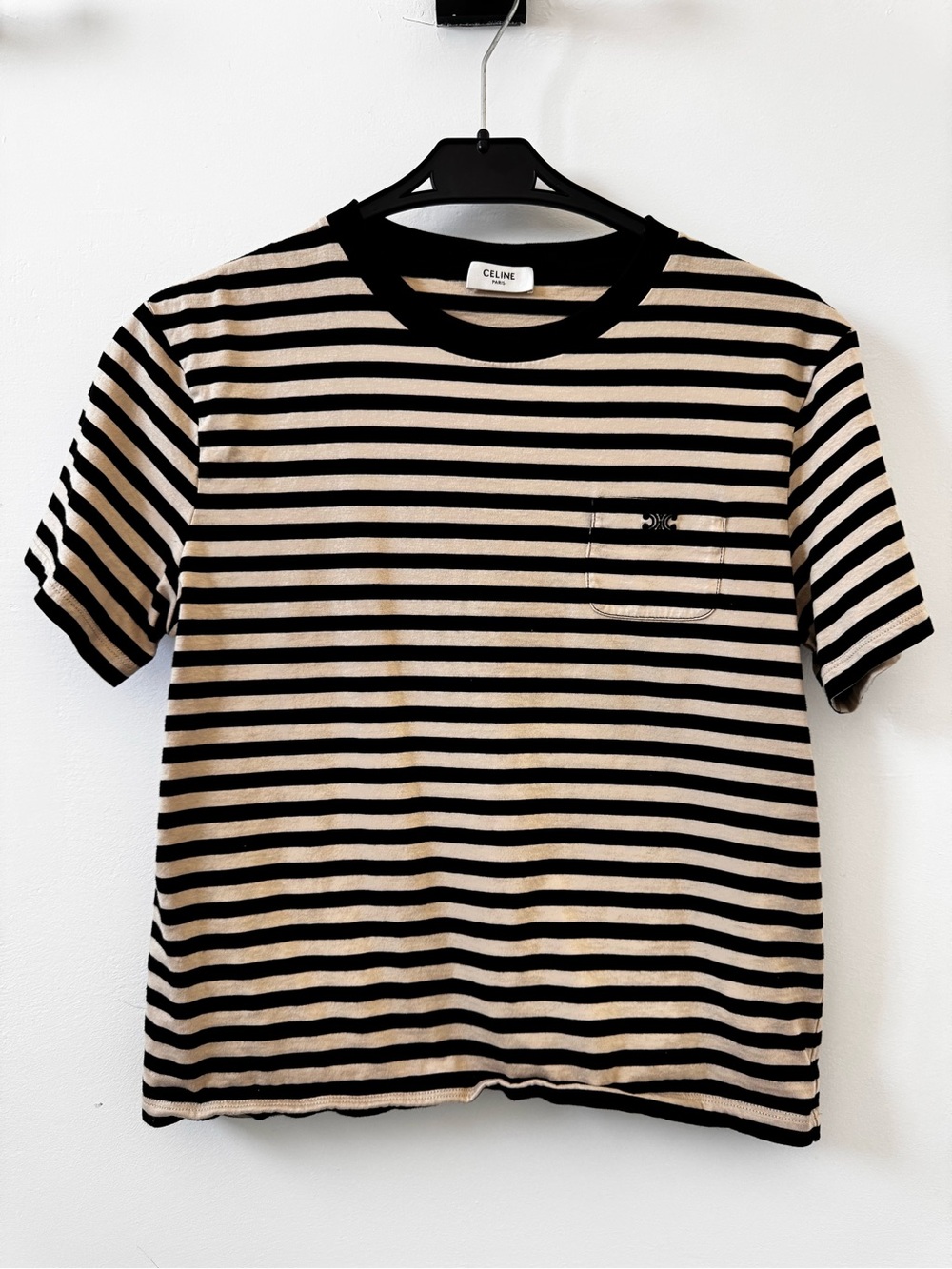 Celine Black and Cream Striped Short-Sleeve Pocket Tee